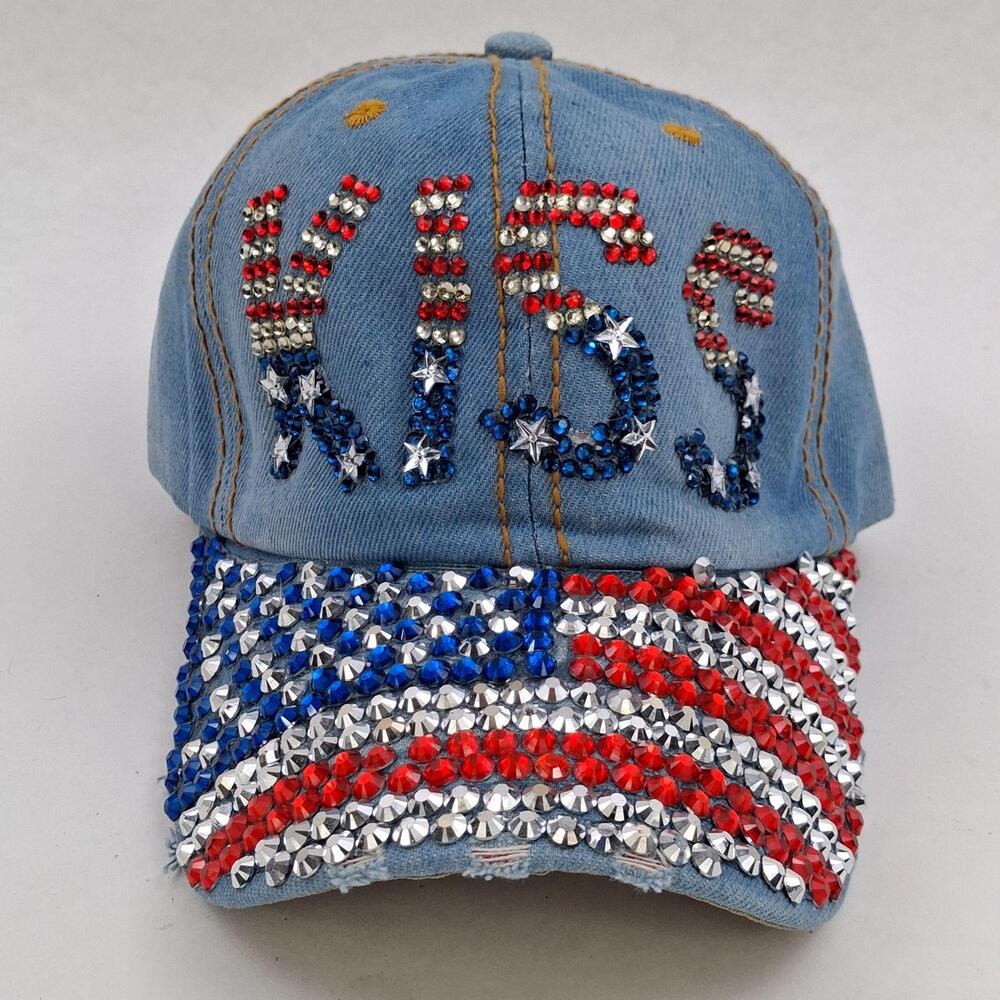 Kiss USA Flag Rhinestone Hat Cap Strap Back Adjustable Blue Denim Bling Womens
